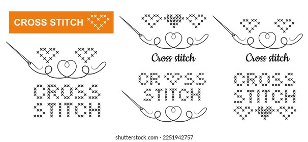 Cross stitch embroidery handmade needlework, sewing needle with floss thread line icon set. Cotton yarn for sew hobby. Fancywork accessory. Embroider text, heart ornament. Creative handicraft. Vector 