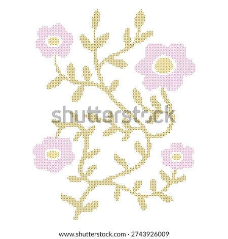 Cross stitch embroidery ivy in soft spring colors. Pixel lace wavy flowers with leaves decor. Vintage cottagecore needlecraft floral element. Vector illustration