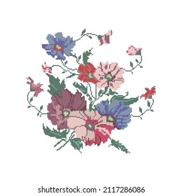 Cross stitch embroidery, national Ukrainian pattern, floral ornament, vector illustration.