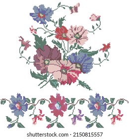 Cross stitch embroidery, national Ukrainian pattern, floral ornament, vector illustration.