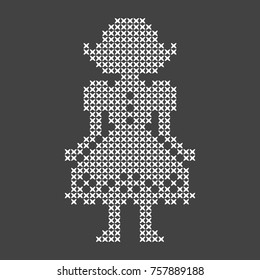 Cross Stitch Embroidery Pattern Girl in Dress Vector Design White on Dark Grey Background