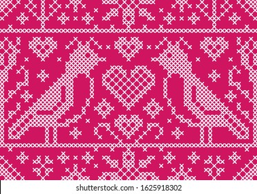 Cross stitch embroidery pattern. Seamless pattern with flowers, birds and hearts