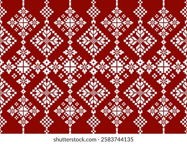 Cross Stitch embroidery pattern. Traditional Ukrainian. Geometric ethnic pattern. Textile ornamentation, fabric, Hand stitched pattern, Cultural stitching pixel art, scarf, carpet, rug