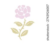 Cross stitch embroidery rose in soft spring colors. Pixel lace ornate flower. Vintage cottagecore needlecraft design. Vector illustration