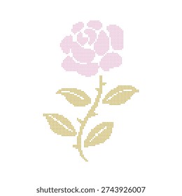 Cross stitch embroidery rose in soft spring colors. Pixel lace ornate flower. Vintage cottagecore needlecraft design. Vector illustration