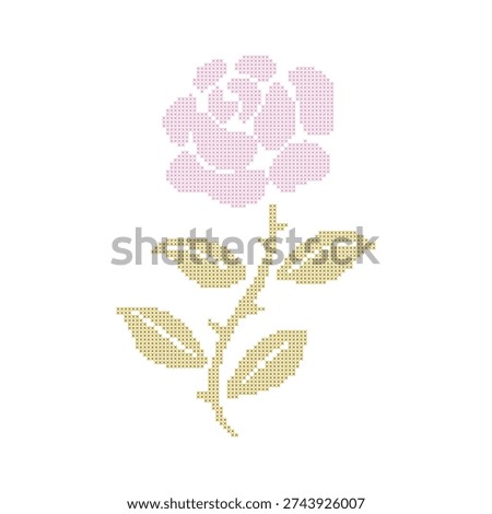 Cross stitch embroidery rose in soft spring colors. Pixel lace ornate flower. Vintage cottagecore needlecraft design. Vector illustration