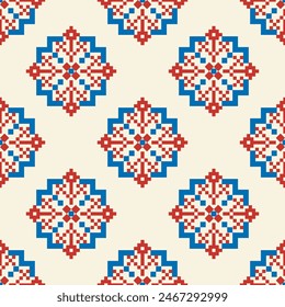 Bordado de punto de cruz sin costuras. Patrones étnicos de píxeles geométricos. Americano, mexicano, africano, mediterráneo, nórdico, estilo azteca. Tradición de arte folclórico diseño de fondo para productos, tela, impresión, decoración.