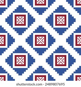 Cross Stitch embroidery seamless. Geometric pixel ethnic patterns. American, Mexican,African, mediterranean,nordic,Aztec style.Trendy folk art background design for products, fabric, ,print,decorate.