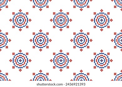 Cross Stitch embroidery seamless.Geometric pixel ethnic patterns. American, Mexican,African, mediterranean, nordic,Aztec style.Trendy folk art background design for products, fabric, ,print,decorate.