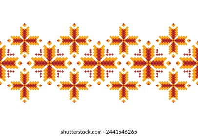Cross Stitch embroidery seamless.Geometric pixel ethnic patterns. American, Mexican,African, mediterranean, nordic,Aztec style. Trendy folk art background design for products, fabric, ,print,decorate.