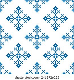 Cross Stitch embroidery seamless.Geometric pixel ethnic patterns. American, Mexican,African, mediterranean, nordic,Aztec style.Trendy folk art background design for products, fabric, ,print,decorate.