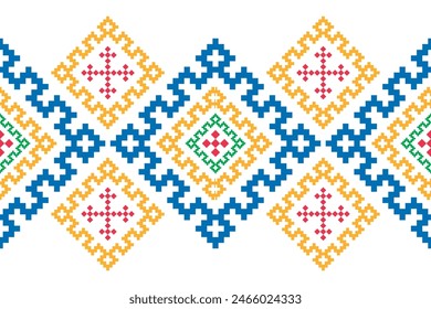 Cross Stitch embroidery seamless.Geometric pixel ethnic patterns. American, Mexican,African, mediterranean, nordic,Aztec style.Tradition folk art background design for products, fabric, ,print,decor.