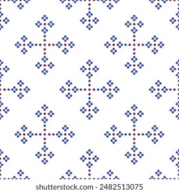 Cross Stitch embroidery seamless.Geometric pixel ethnic patterns. American, Mexican,African, mediterranean, nordic,Aztec style.Beautiful Embroidery Trendy folk art background design for decorate.