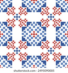 Cross Stitch embroidery seamless.Geometric pixel ethnic patterns. American, Mexican,African, mediterranean, nordic,Aztec style.Trendy folk art background design for products, fabric,print,decorate.