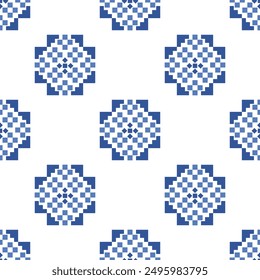 Cross Stitch embroidery seamless.Geometric pixel ethnic patterns. American, Mexican,African, mediterranean, nordic,Aztec style.Trendy folk art background design for products, fabric,print,decorate.