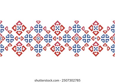 Cross Stitch embroidery seamless.Geometric pixel ethnic patterns. American, Mexican,African, mediterranean, nordic,Aztec style.Beautiful Embroidery Trendy folk art background design for decorate.