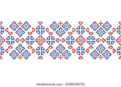 Cross Stitch embroidery seamless.Geometric pixel ethnic patterns. American, Mexican,African, mediterranean, nordic,Aztec style.Beautiful Embroidery Trendy folk art background design for decorate.