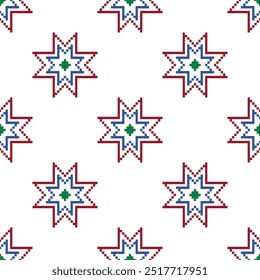 Cross Stitch embroidery seamless.Geometric pixel ethnic patterns. American, Mexican,African, mediterranean, nordic,Aztec style.Trendy folk art background design for products, fabric, print,decorate.