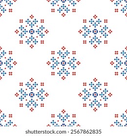 Cross Stitch embroidery seamless.Geometric pixel ethnic patterns. American, Mexican,African, mediterranean, nordic,Aztec style.Trendy folk art background design for products, fabric, ,print,decorate.