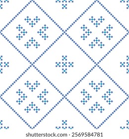 Cross Stitch embroidery seamless.Geometric pixel ethnic patterns. American, Mexican,African, mediterranean, nordic,Aztec style.Trendy folk art background design for products,fabric, print,decorate.