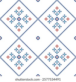 Cross Stitch embroidery seamless.Geometric pixel ethnic patterns. American, Mexican,African, mediterranean, nordic,Aztec style.Trendy folk art background design for products, fabric, ,print,decorate.