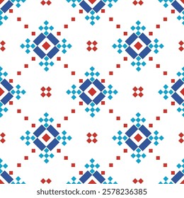 Cross Stitch embroidery seamless.Geometric pixel ethnic patterns. American, Mexican,African, mediterranean, nordic,Aztec style.Trendy folk art background design for products, fabric, ,print,decorate.