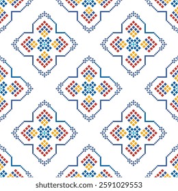 Cross Stitch embroidery seamless.Geometric pixel ethnic patterns. American, Mexican,African, mediterranean, nordic,Aztec style.Trendy folk art background design for products,fabric,print, decorate.