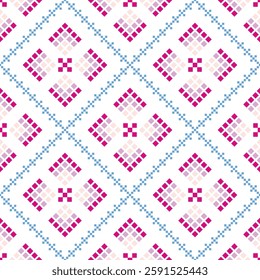 Cross Stitch embroidery seamless.Geometric pixel ethnic patterns. American, Mexican,African, mediterranean, nordic,Aztec style.Trendy folk art background design for products,fabric,print, decorate.