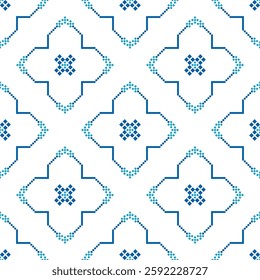 Cross Stitch embroidery seamless.Geometric pixel ethnic patterns. American, Mexican,African, mediterranean, nordic,Aztec style.Trendy folk art background design for products,fabric,print, decorate.