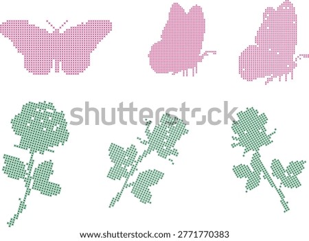 Cross stitch embroidery vector set, pink butterfly and green rose pixel art icons, needlework craft patterns for textile design and hobby projects