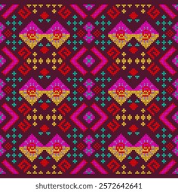 cross stitch emdroidery needlework abstract artwork seamless geometric pattern printed background fabric wallpaper hand drawn line native american colorful art


