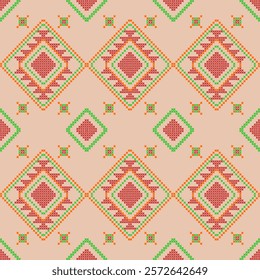 cross stitch emdroidery needlework abstract artwork seamless geometric pattern printed background fabric wallpaper hand drawn line native american colorful art


