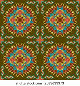cross stitch ethnic embroidery pixel art abstract artwork seamless geometric pattern printed background fabric wallpaper hand drawn line vintage classic tiles 
