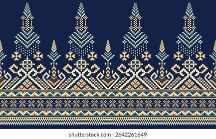 Cross Stitch, Ethnic Geometric Patterns, Pixel Art, Vector Illustration, Aztec Style, Abstract Background, Embroidery Design for Sari, Clothes, Batik, Knitting, Needlework, Ikkat, Traditional Design