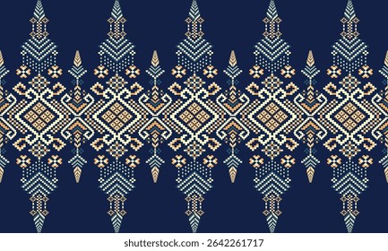 Cross Stitch, Ethnic Geometric Patterns, Pixel Art, Vector Illustration, Aztec Style, Abstract Background, Embroidery Design for Sari, Clothes, Batik, Knitting, Needlework, Ikkat, Traditional Design