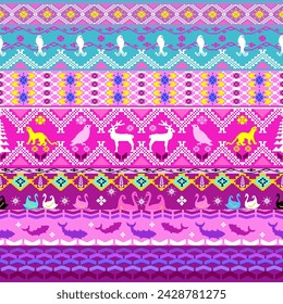 Cross stitch, ethnic pattern, Pixel Seamless Vector, various animal patterns. and geometric shapes in pink tones of native Thai people for cross-stitching clothes or woven sarongs.