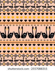 Cross stitch, ethnic pattern, Pixel Seamless Vector, various animal patterns. and geometric shapes in pink tones of native Thai people for cross-stitching clothes or woven sarongs