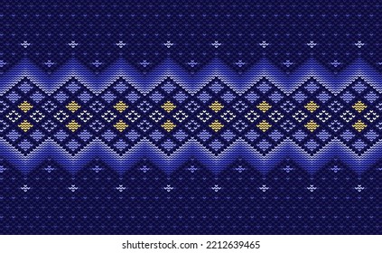 Cross stitch ethnic pattern, Vector Knitted crochet background, Embroidery repetitive geometry style, Purple and yellow pattern zigzag, Design for fabric, batik, digital print, wall art