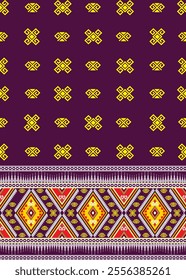 Cross Stitch Ethnic Patterns Horizontal seamless vector pixels Indian ethnic geometric shapes Native ethnic patterns Stitch across border Textile surface, printed fabric, knitted clothing