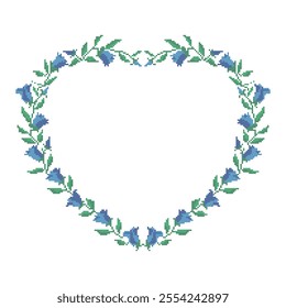 Cross stitch floral heart shape frame, border. Embroidered bell flowers wreath. Ukrainian national pattern, floral ornament, vector illustration. Valentines Day greeting card design.