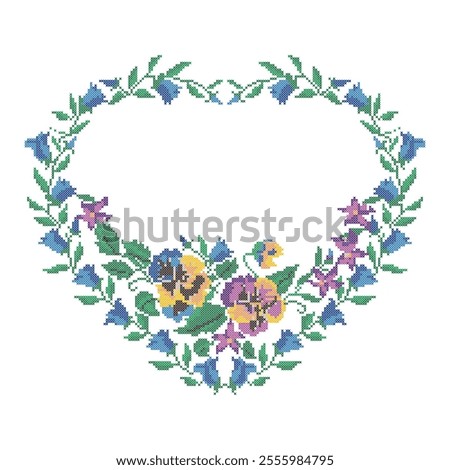 Cross stitch floral heart shape frame, border. Embroidered bell and heartsease flowers wreath. Ukrainian national pattern, floral ornament, vector illustration. Valentines Day greeting card design.