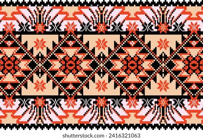 Cross stitch floral seamless pattern.Aztec style.Design wtih flower,geometric element on pink,vanilla color  background.Design for textile,clothing,card,decoration,cross stitch pattern and embroidery.