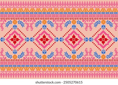 Cross Stitch Flower Ethnic Pattern Pixel Seamless Vector Geometric Traditional Pattern Cross Stitch, Text, Fabric, Clothing, Knitwear, Vintage