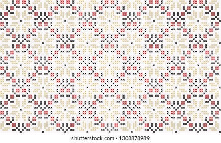 Cross stitch flower ornament in red, yellow, black colours. Allover vector pattern for fabric, apparel textile, interior design, linen napkin, kitchen tablecloth. Retro Italian floral folk motif