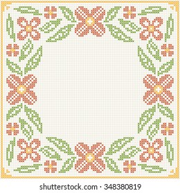 Cross stitch flower pattern. Floral frame for cross-stitch embroidery in Ukrainian traditional ethnic style. Vector illustration.
