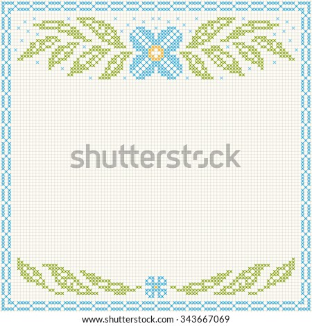Cross stitch flower pattern. Floral frame for cross-stitch embroidery in Ukrainian traditional ethnic style. Blue and green, vector illustration.