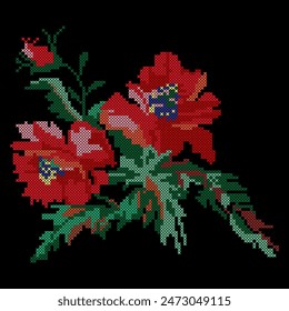 Cross stitch flowers. Floral embroidery pattern, vector illustration.