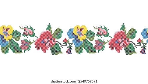 Cross stitch flowers. Floral embroidery seamless pattern, print. Ukrainian folk ethnic ornament, vector illustration.