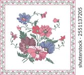 Cross stitch flowers in frame, embroidery, Ukrainian national pattern, floral ornament, vector illustration.