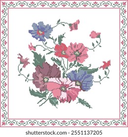 Cross stitch flowers in frame, embroidery, Ukrainian national pattern, floral ornament, vector illustration.